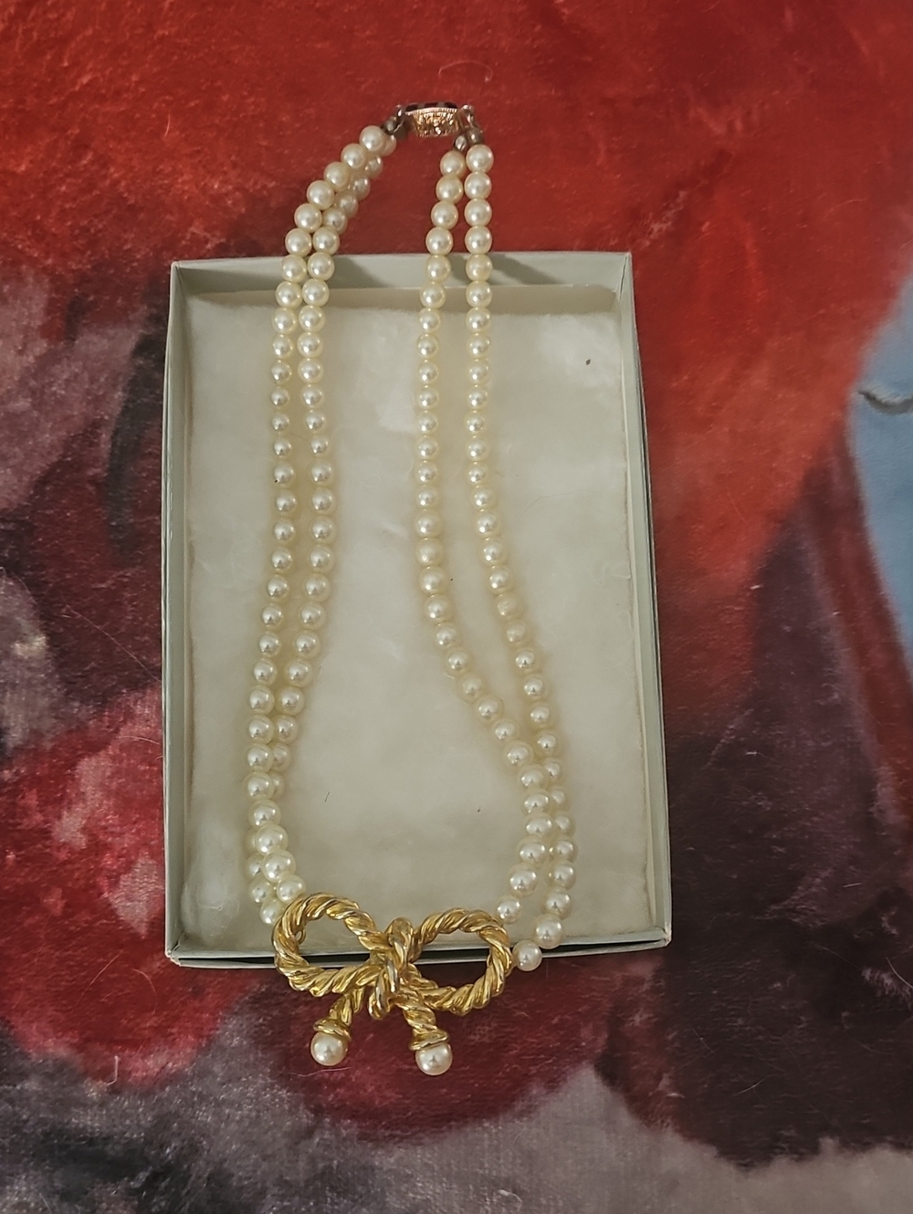 Double-Strand Cream Pearl Necklace with Gold Bow Accent